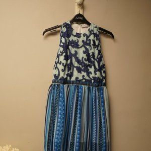 JB23055B-L  Blue Sleeveless Dress with Stripe Silk Skirt by Just Bellina